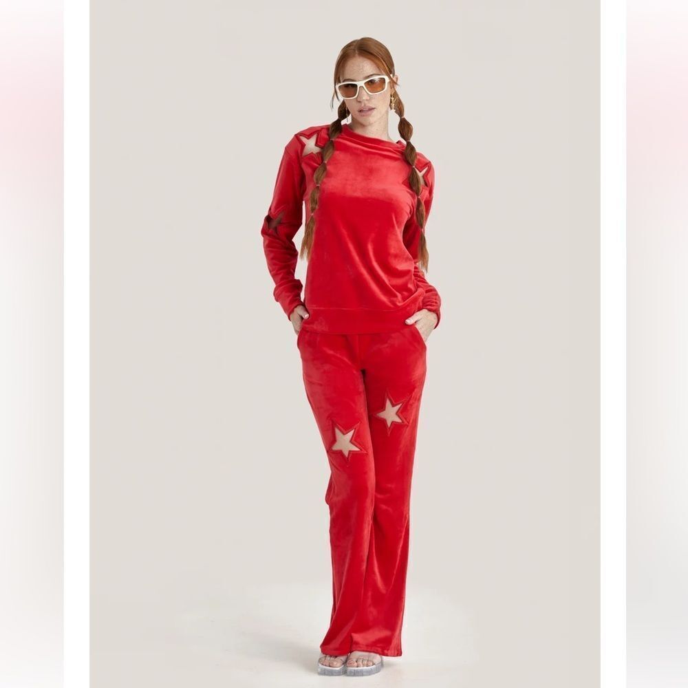 Paris Hilton The Star Crew Red Star-Embellished Velvet Tracksuit Top